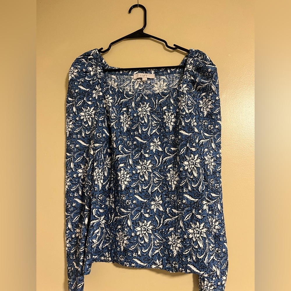 LOFT Blue Floral Smocked Square Neck Top